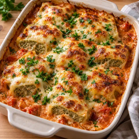 Überbackene Maultaschen mit goldener Käsekruste und Petersilie