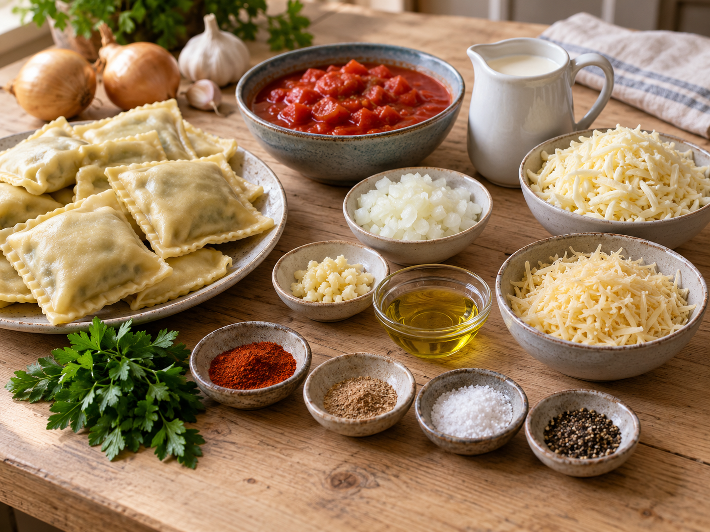 Zutaten für überbackene Maultaschen mit Tomaten, Sahne und Käse