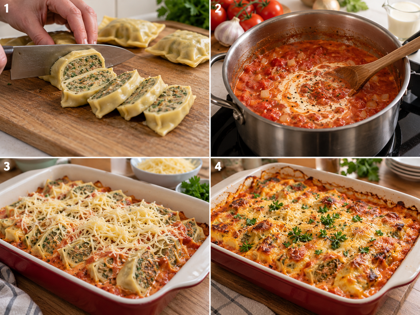 Vier Schritte für überbackene Maultaschen vom Schneiden bis zur Käsekruste