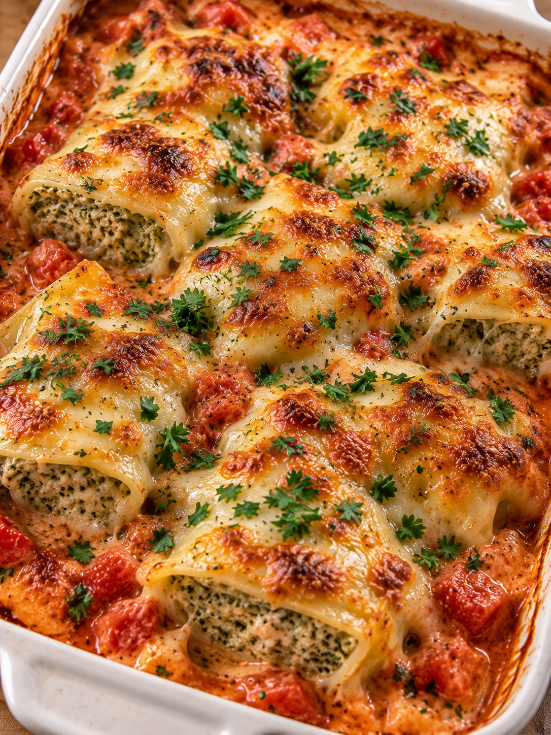 Überbackene Maultaschen in cremiger Tomatensauce mit goldener Käsekruste
