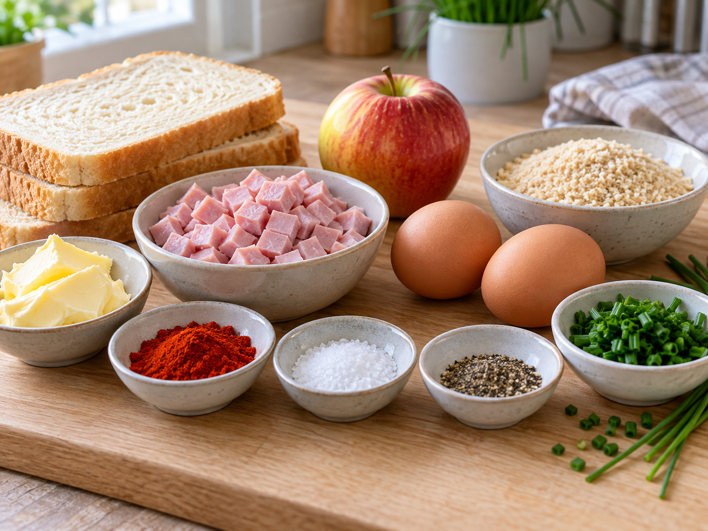 Zutaten für überbackene Wurstbrote mit Apfel und Bierschinken