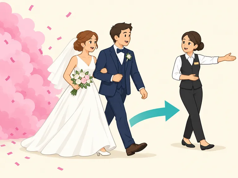 Das Hochzeitspaar entfernt sich auf einem rauchfreien Weg von der rosafarbenen Rauchwolke.