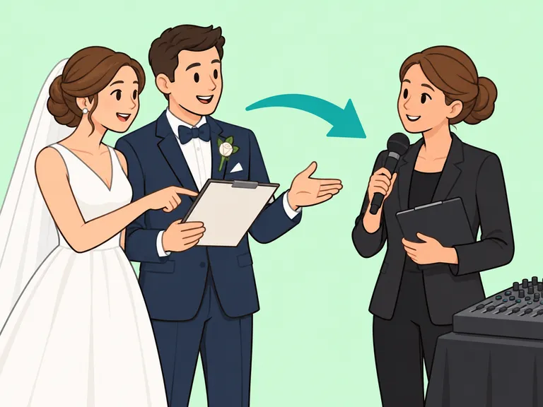 Das Hochzeitspaar teilt der Moderation seine Entscheidung zum weiteren Programm mit.