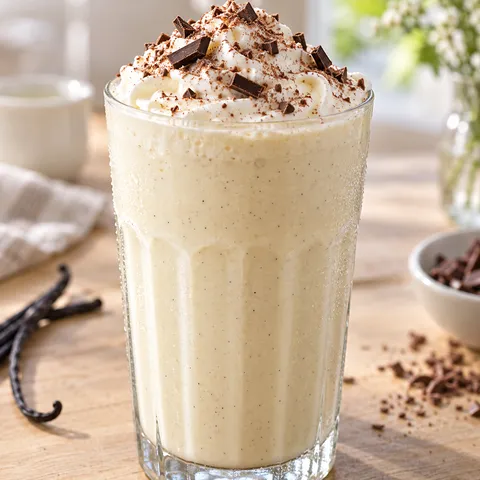Vanille-Milchshake mit Sahnehaube und Kakaostaub im hohen Glas