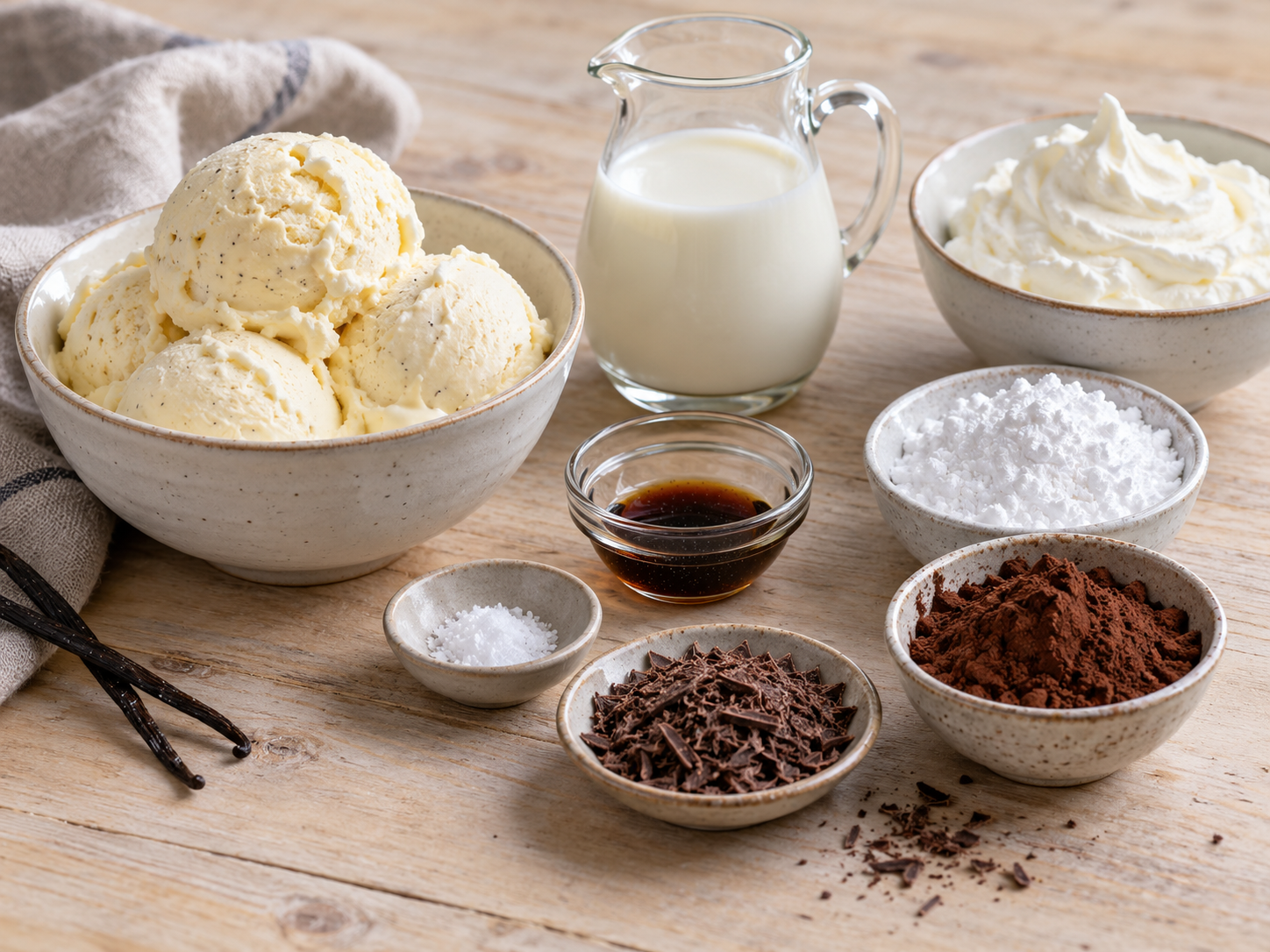 Zutaten für Vanille-Milchshake mit Eis, Milch, Sahne und Kakao