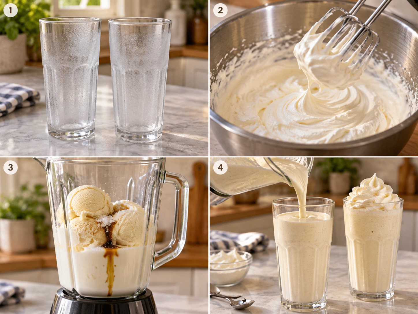 Vier Schritte für Vanille-Milchshake vom Kühlen bis zum Eingießen
