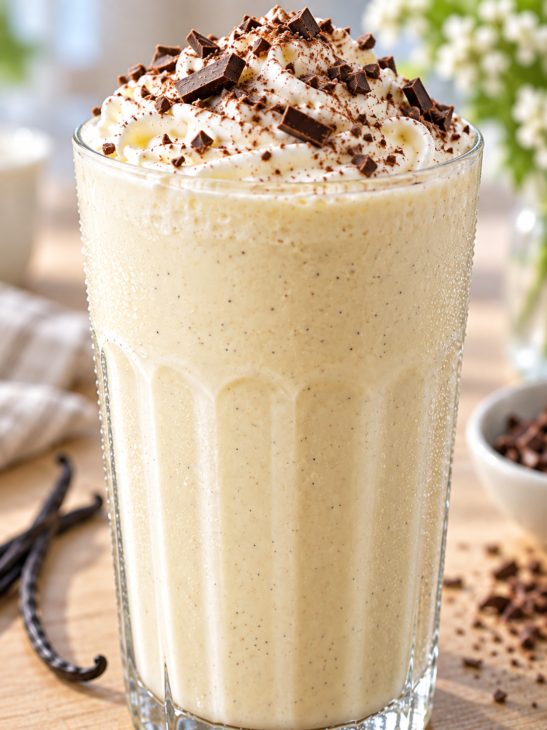 Cremiger Vanille-Milchshake mit Sahne und Kakao im hohen Glas