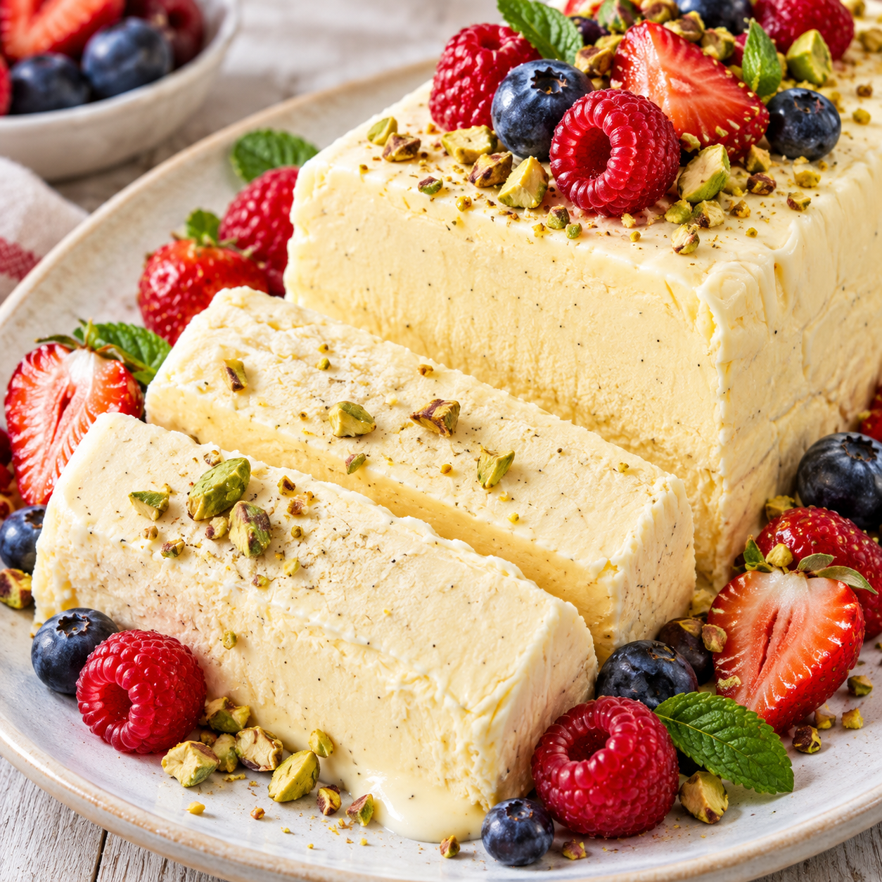 Vanille-Parfait in Scheiben mit Beeren und Pistazien