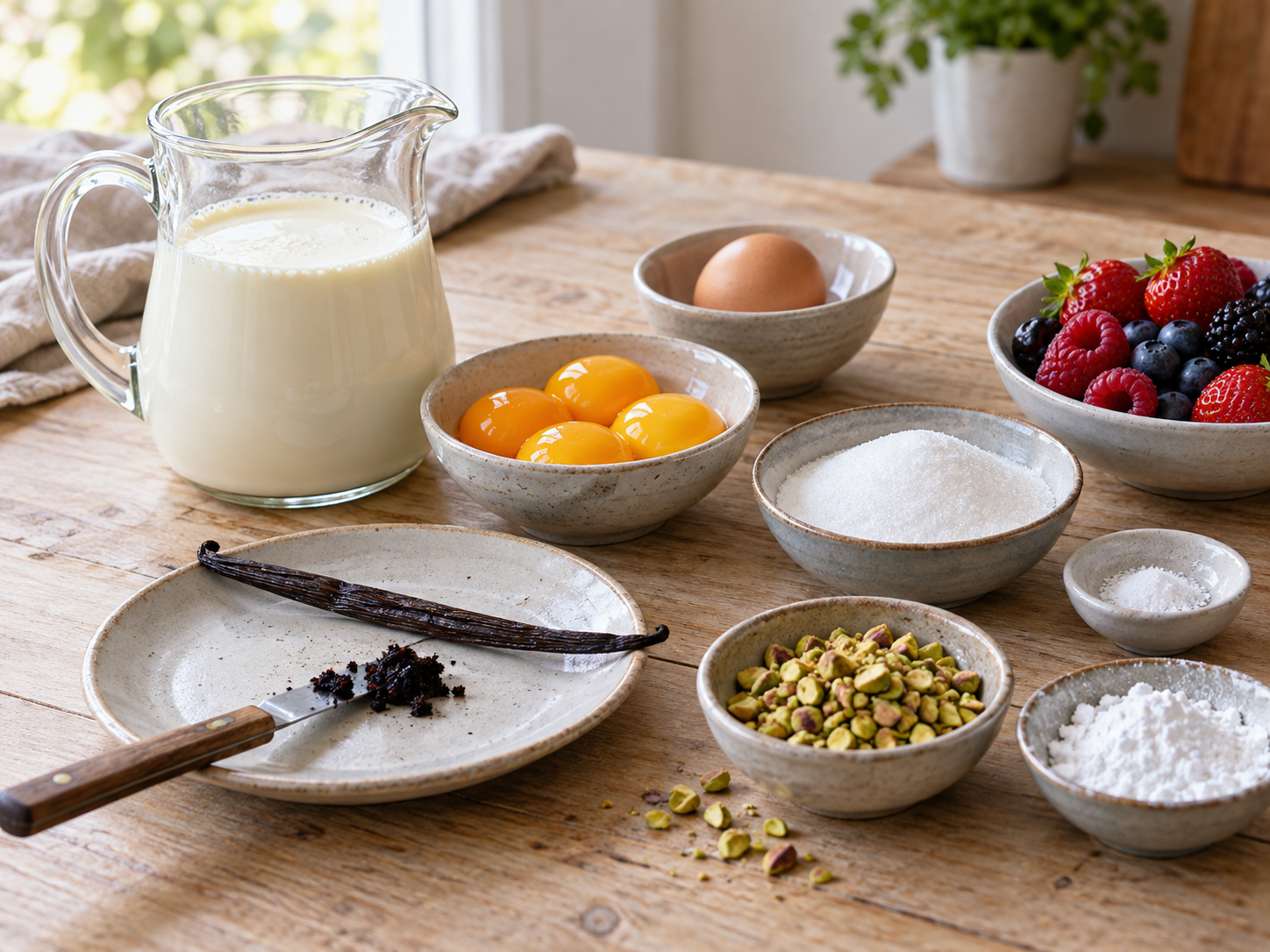 Zutaten für Vanille-Parfait mit Sahne, Eiern, Vanille und Beeren