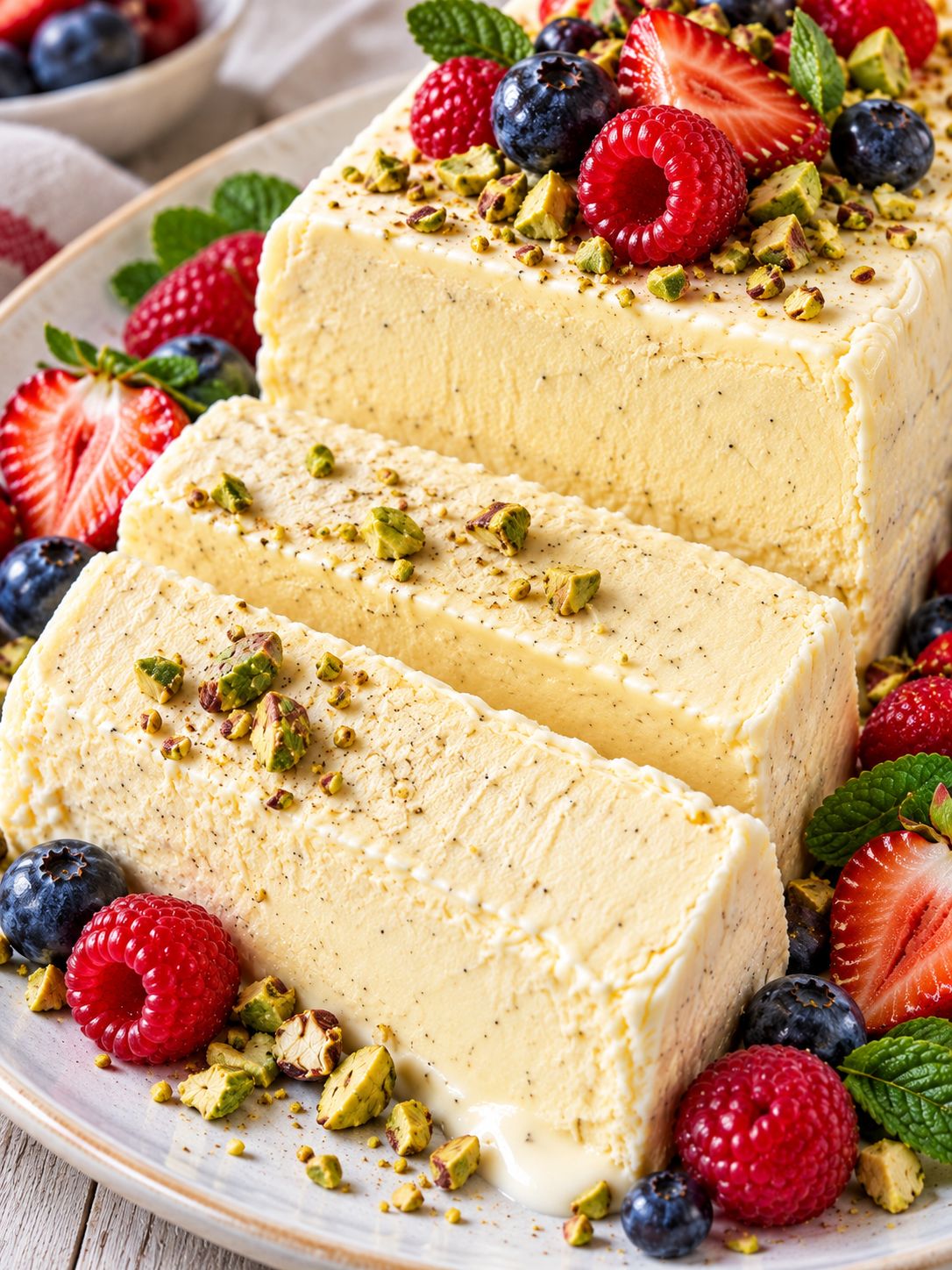 Cremiges Vanille-Parfait mit Beeren und Pistazien auf hellem Teller