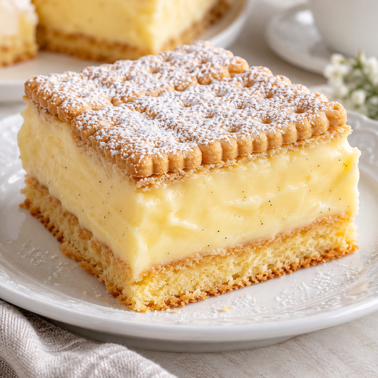 Vanille-Pudding-Schnitte mit Butterkeksdecke und Puderzucker