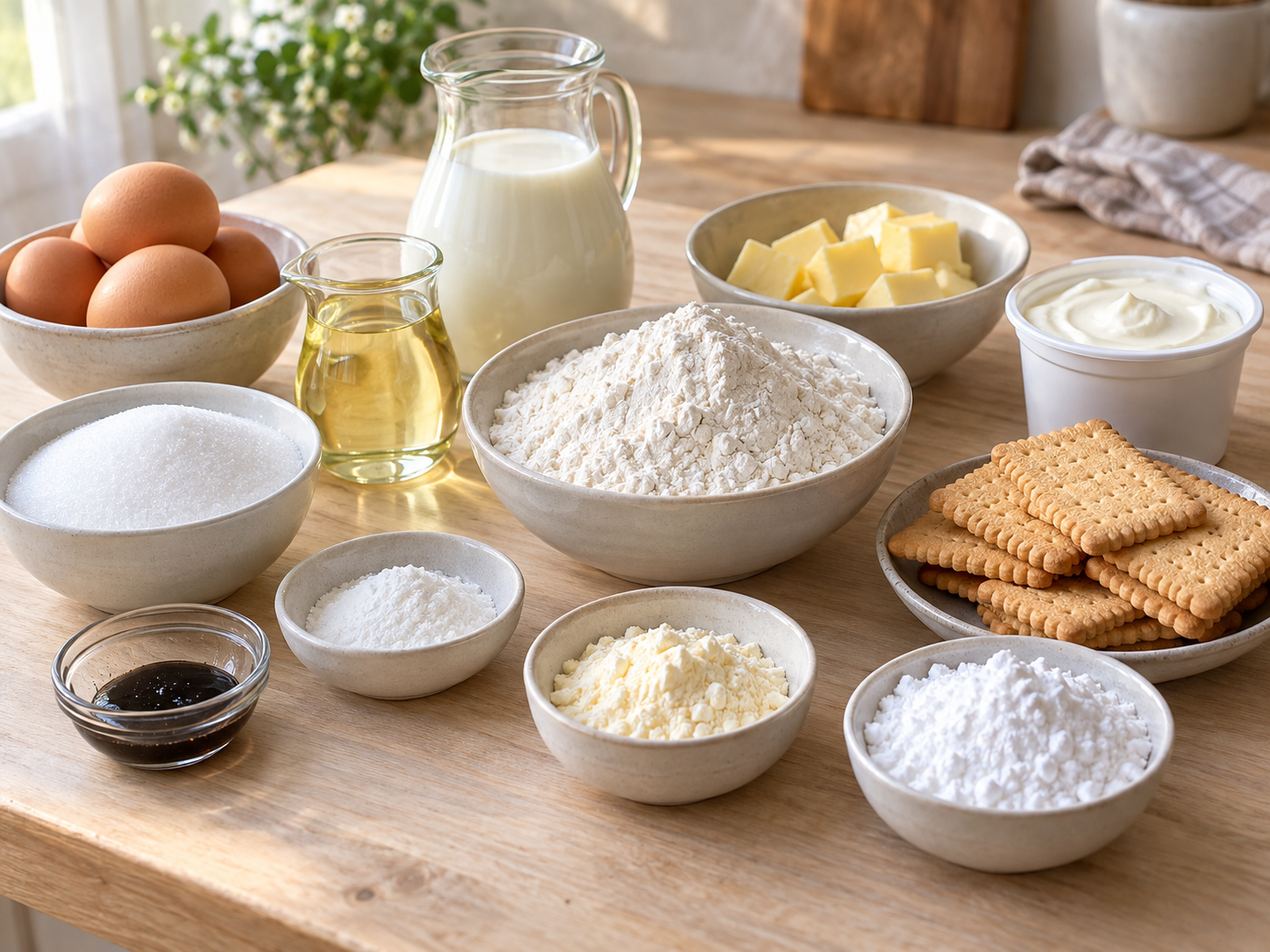 Zutaten für Vanille-Pudding-Schnitten mit Butterkeksen und Milch