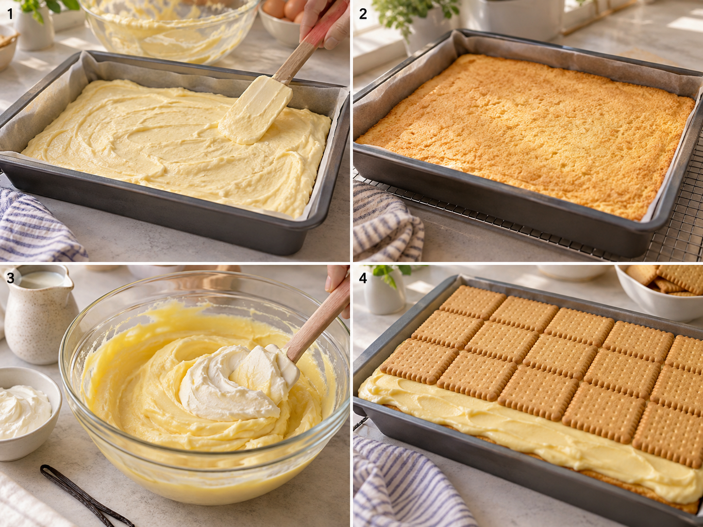 Vier Schritte für Vanille-Pudding-Schnitten vom Teig bis zur Keksdecke