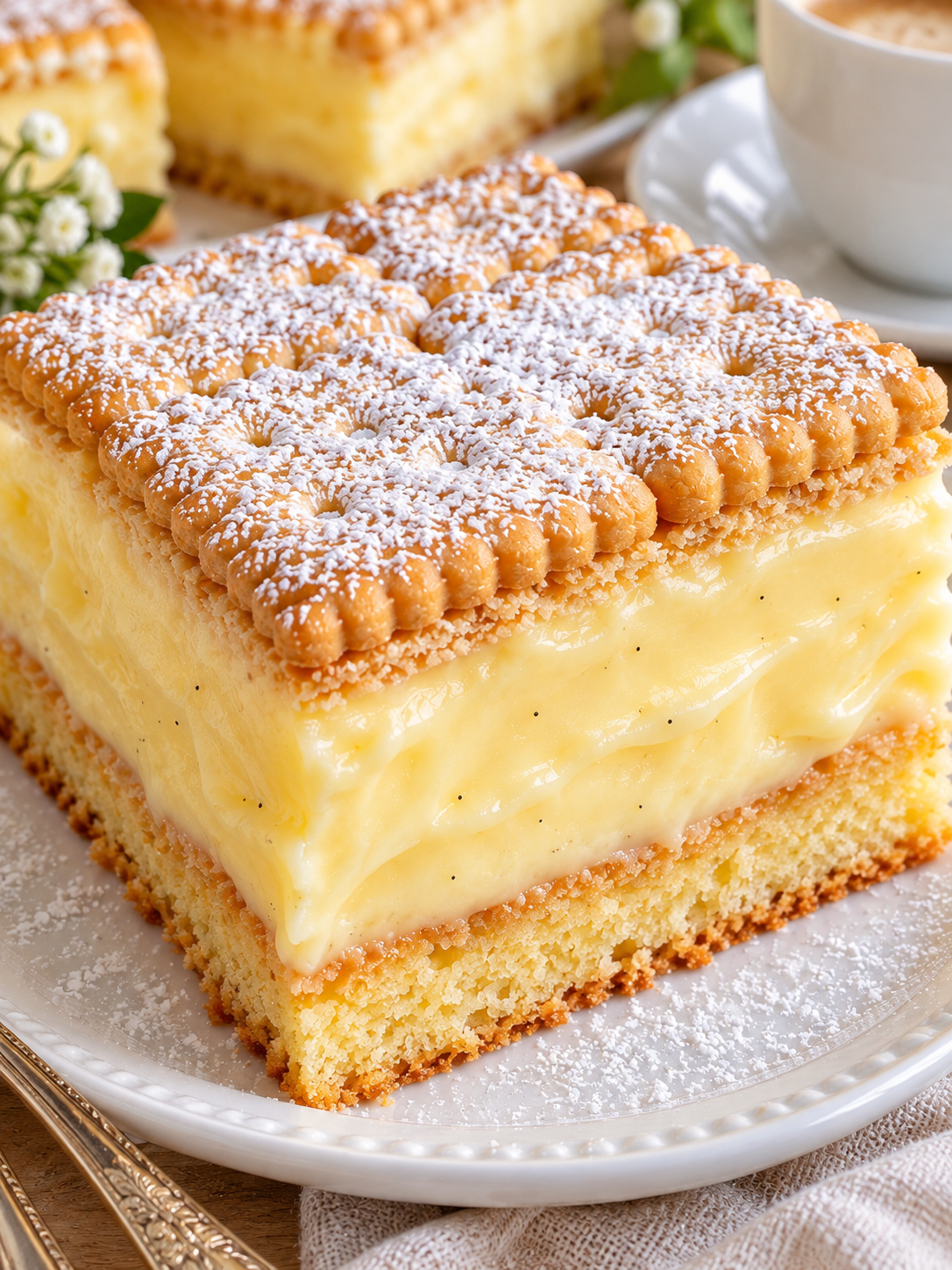 Vanille-Pudding-Schnitten mit goldener Keksdecke auf hellem Teller