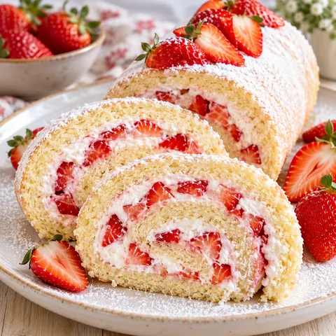 Vegane Biskuitrolle mit Erdbeeren, Sahnefüllung und Puderzucker