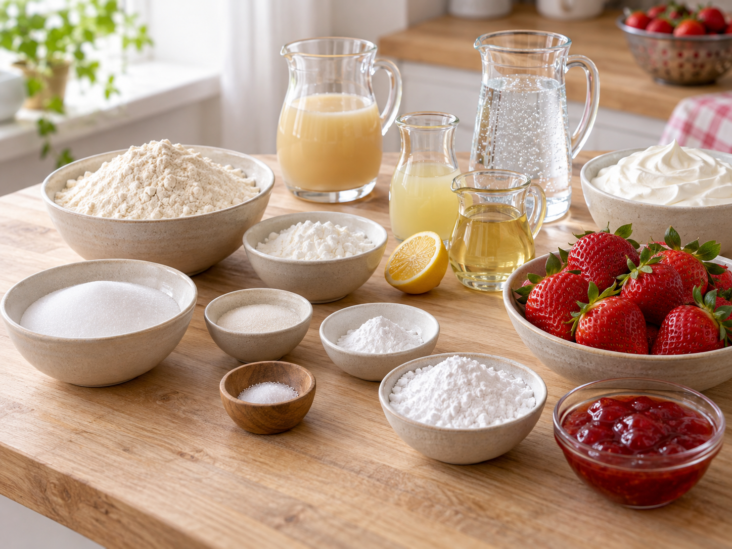 Zutaten für vegane Biskuitrolle mit Erdbeeren und Sahne