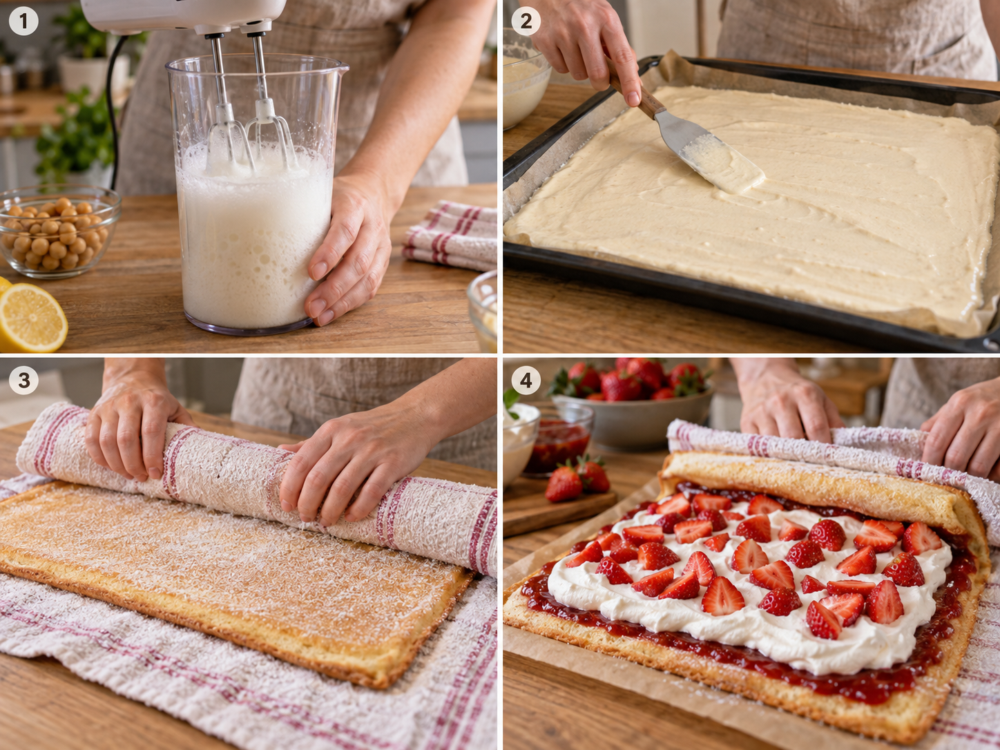 Vier Schritte für vegane Biskuitrolle vom Aquafaba bis zum Füllen
