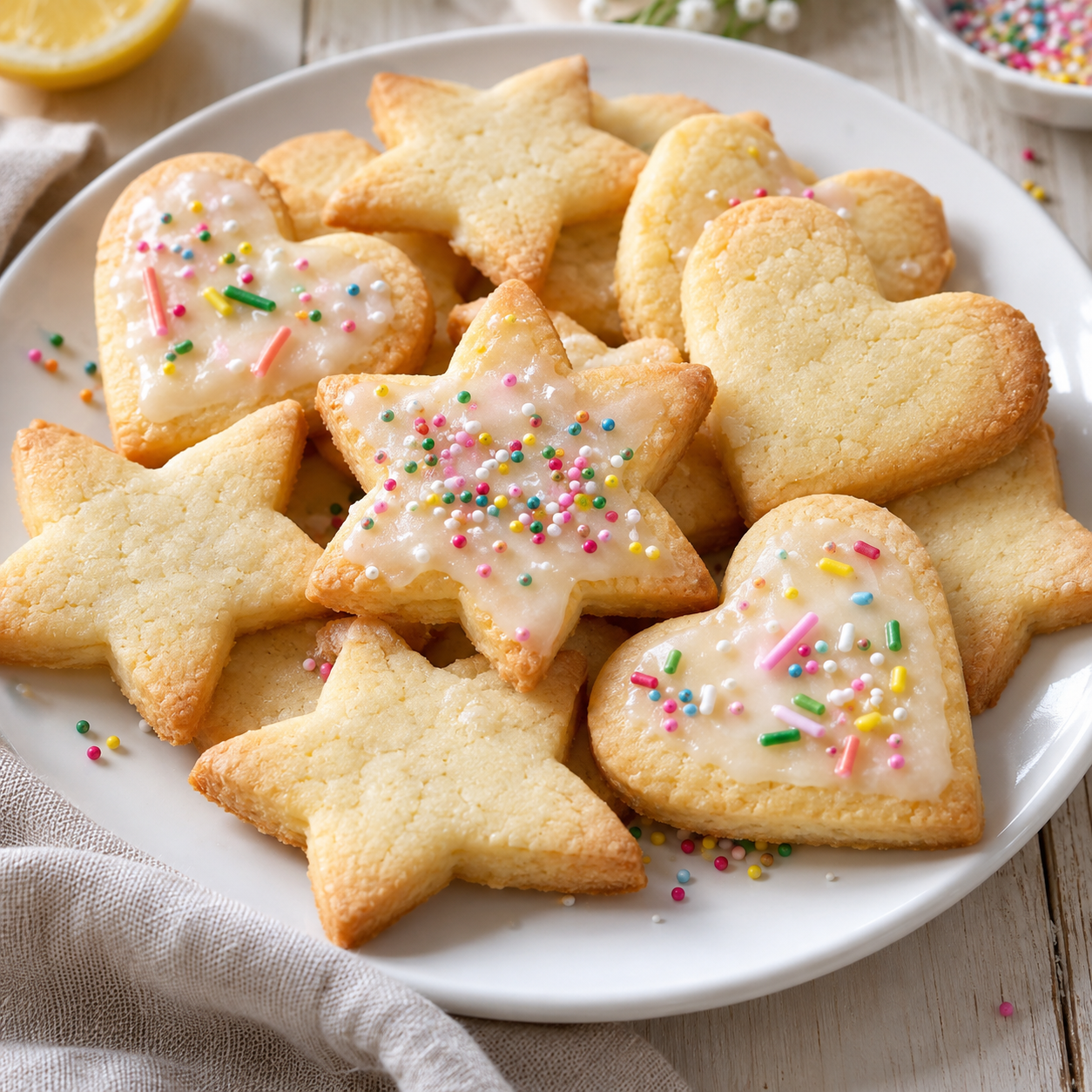 Vegane Butterplätzchen mit Zitronenguss und bunten Streuseln