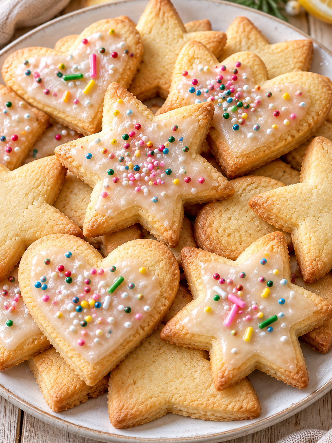 Teller mit veganen Butterplätzchen, Zitronenguss und bunten Streuseln