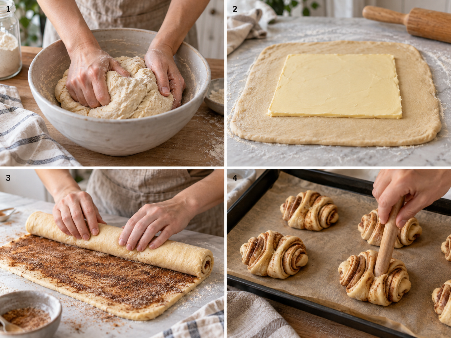 Vier Schritte beim Formen veganer Franzbrötchen mit Zimtfüllung