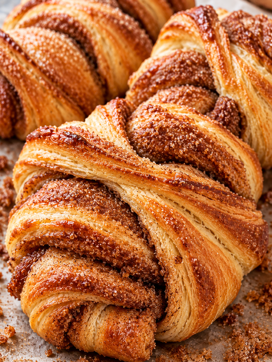 Goldbraune vegane Franzbrötchen mit Zimtfüllung auf hellem Holz