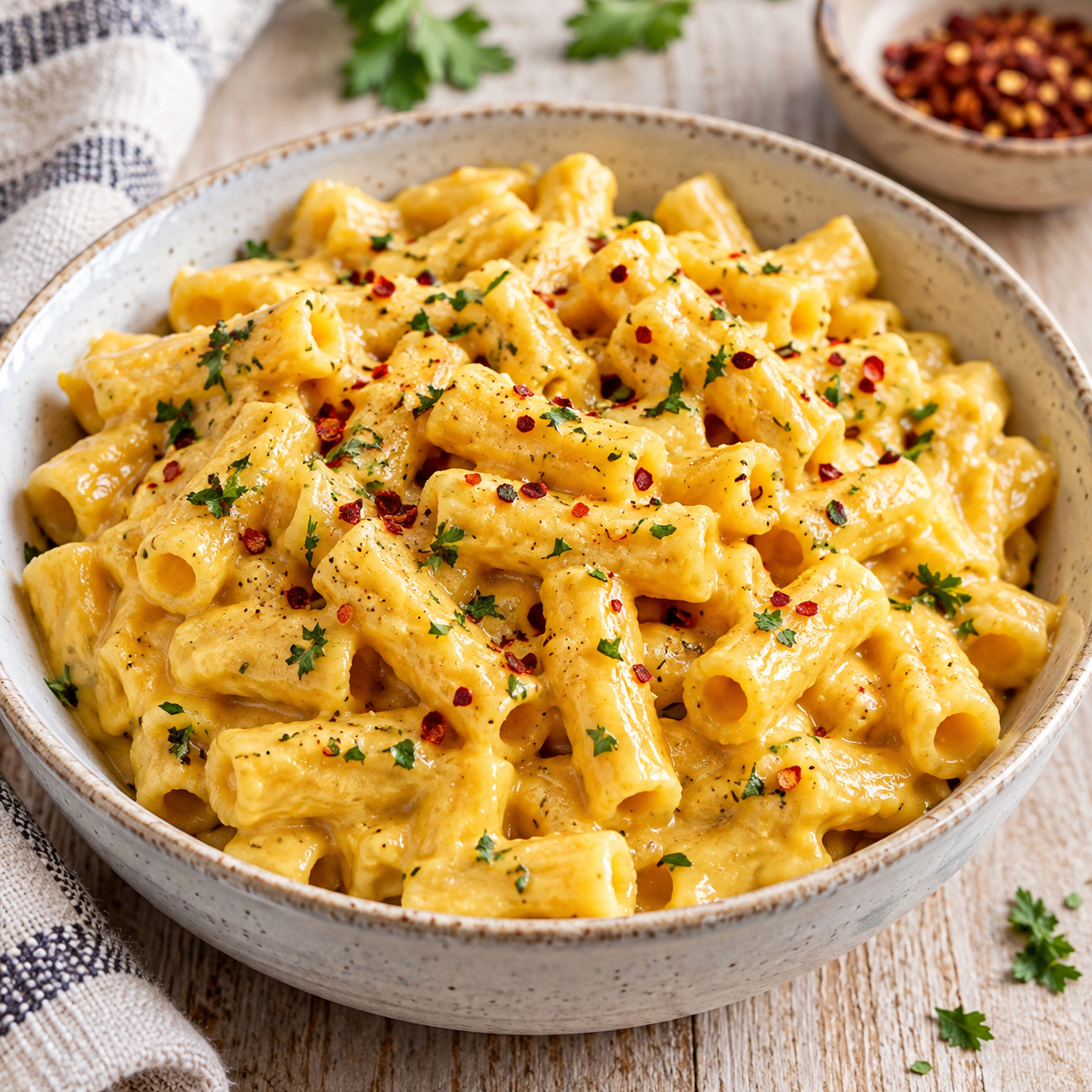 Vegane Mac and Cheese mit Kräutern in einer hellen Schale