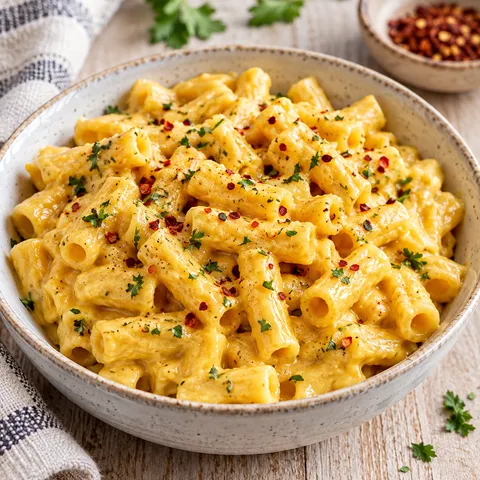 Vegane Mac and Cheese mit Kräutern in einer hellen Schale