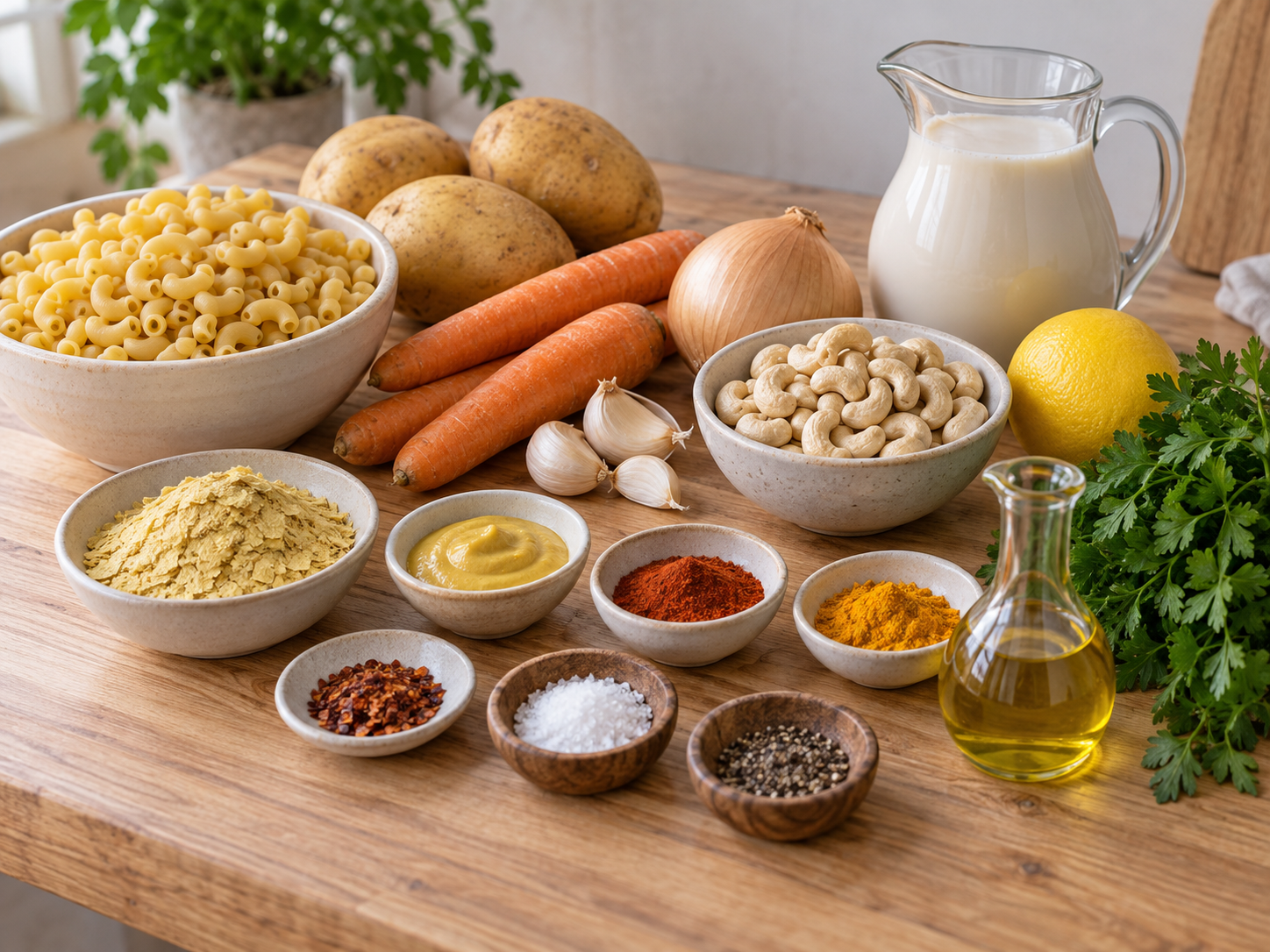 Zutaten für vegane Mac and Cheese mit Macaroni, Gemüse und Cashews