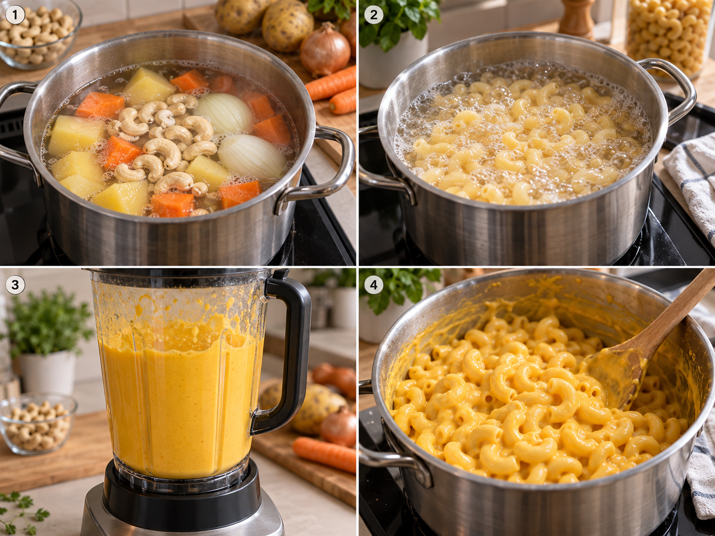 Vier Schritte für vegane Mac and Cheese vom Kochen bis zum Verrühren