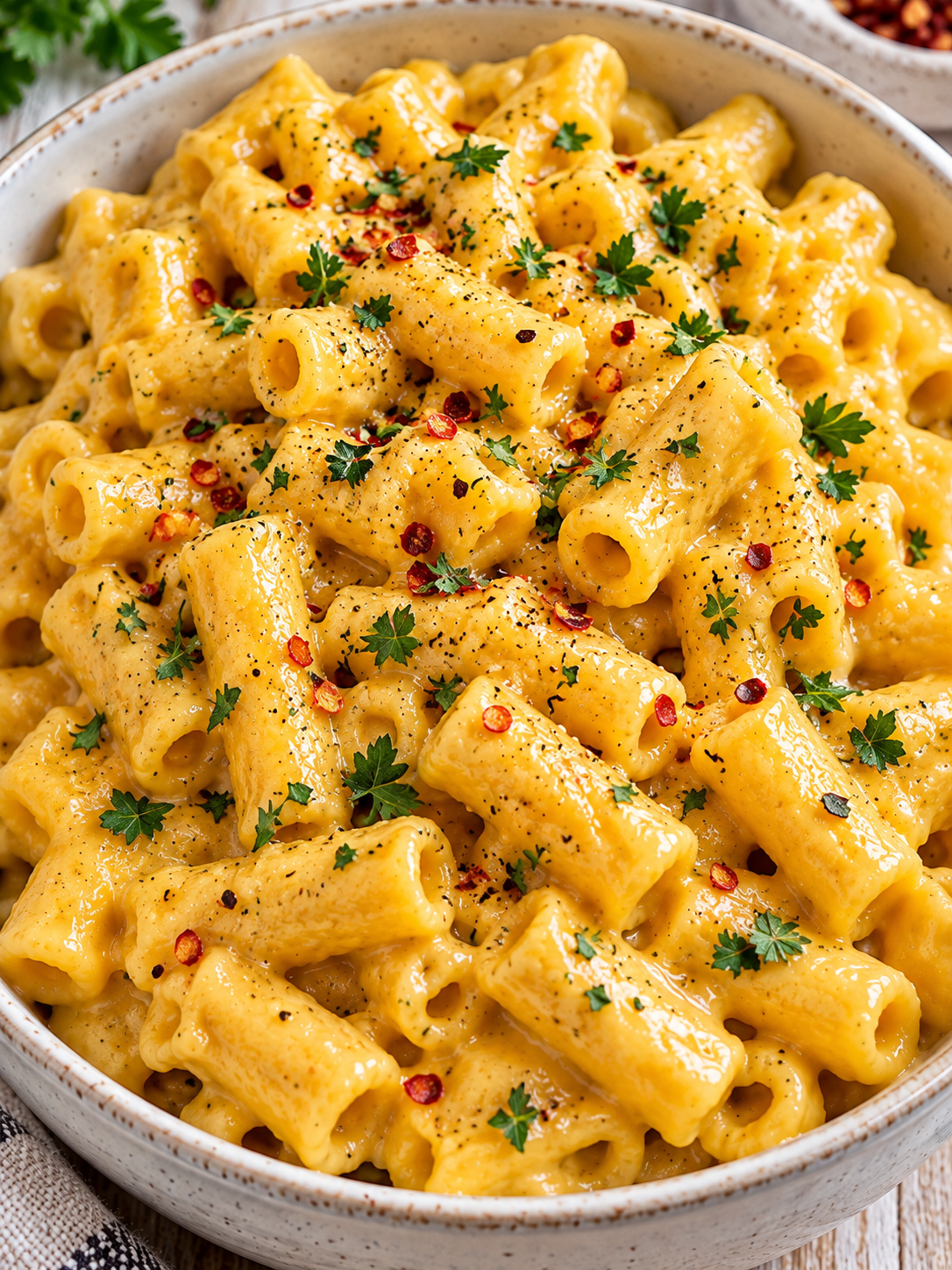 Goldgelbe vegane Mac and Cheese mit Kräutern und Chiliflocken