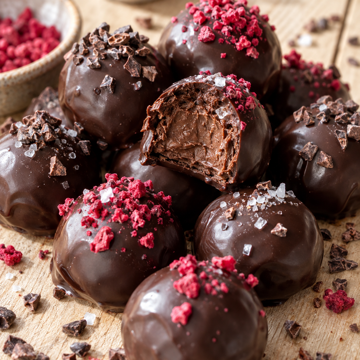 Vegane Schokopralinen mit Kakaonibs und Himbeeren