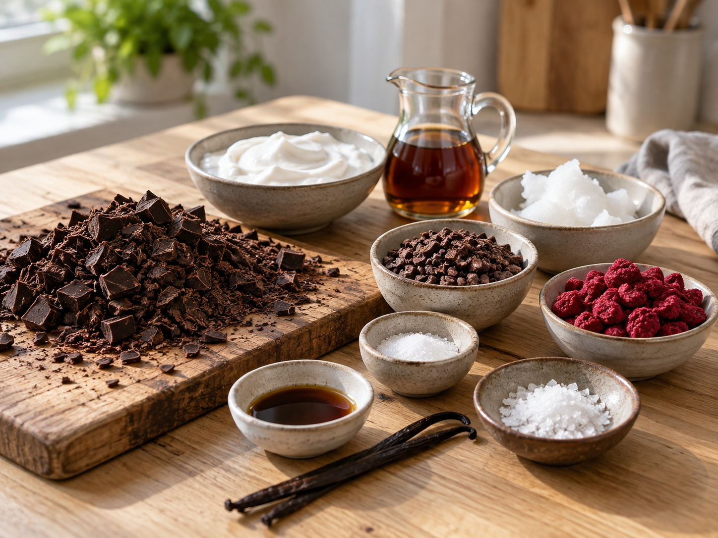 Zutaten für vegane Pralinen mit Schokolade und Kokoscreme