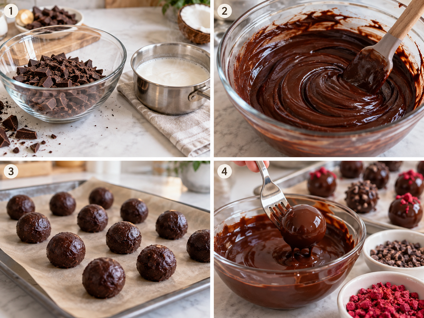 Vier Schritte für vegane Pralinen von Ganache bis Schokoüberzug