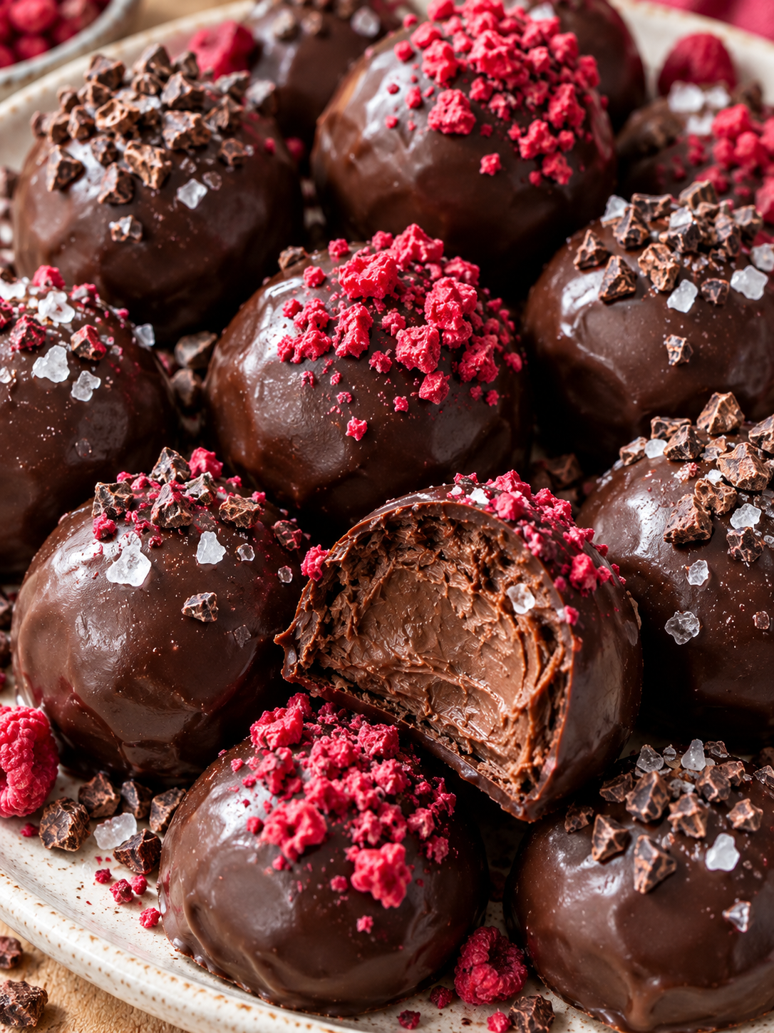 Vegane Pralinen auf einem Teller mit cremiger Schokofüllung