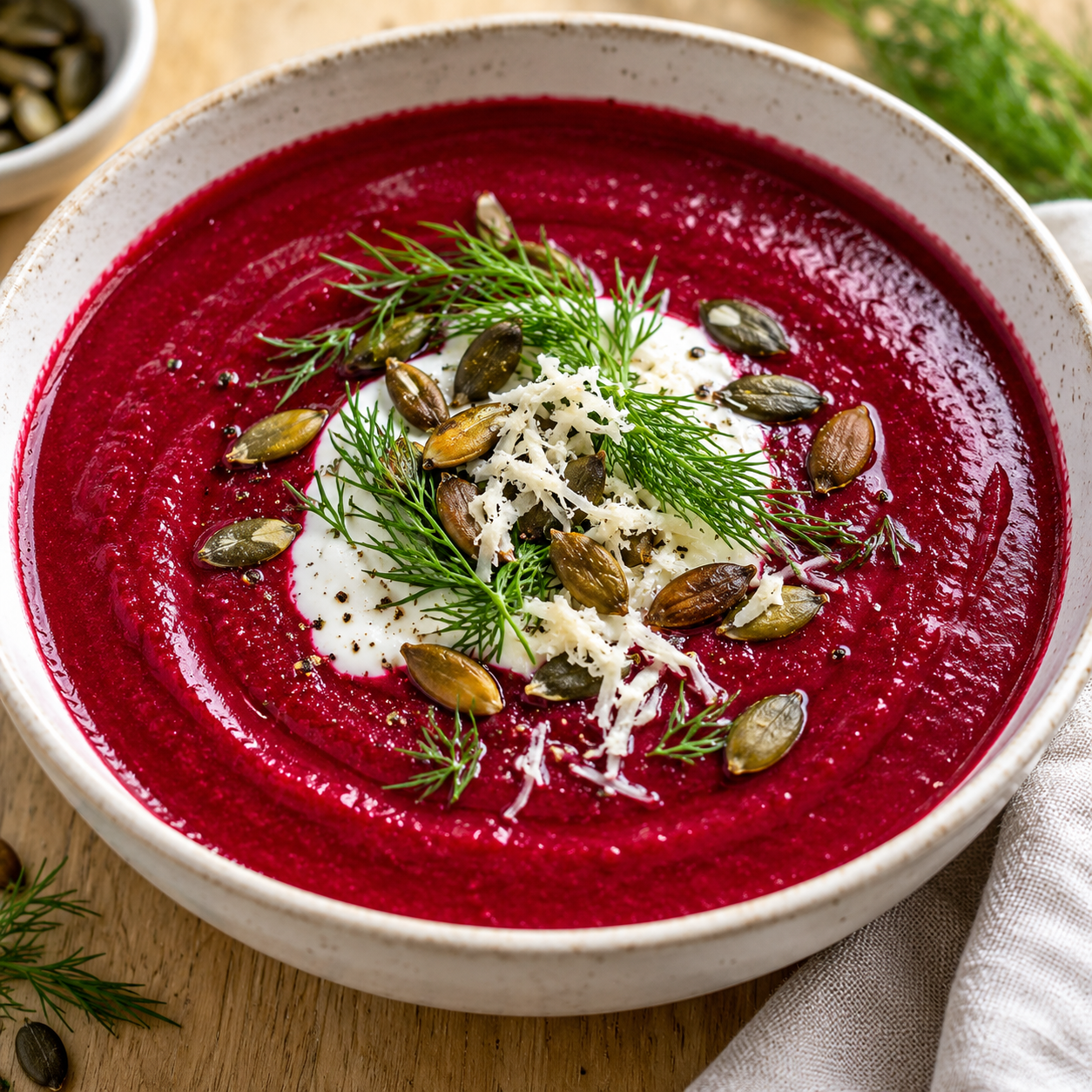 Vegane Rote-Bete-Suppe mit Kokosjoghurt, Dill und Kürbiskernen
