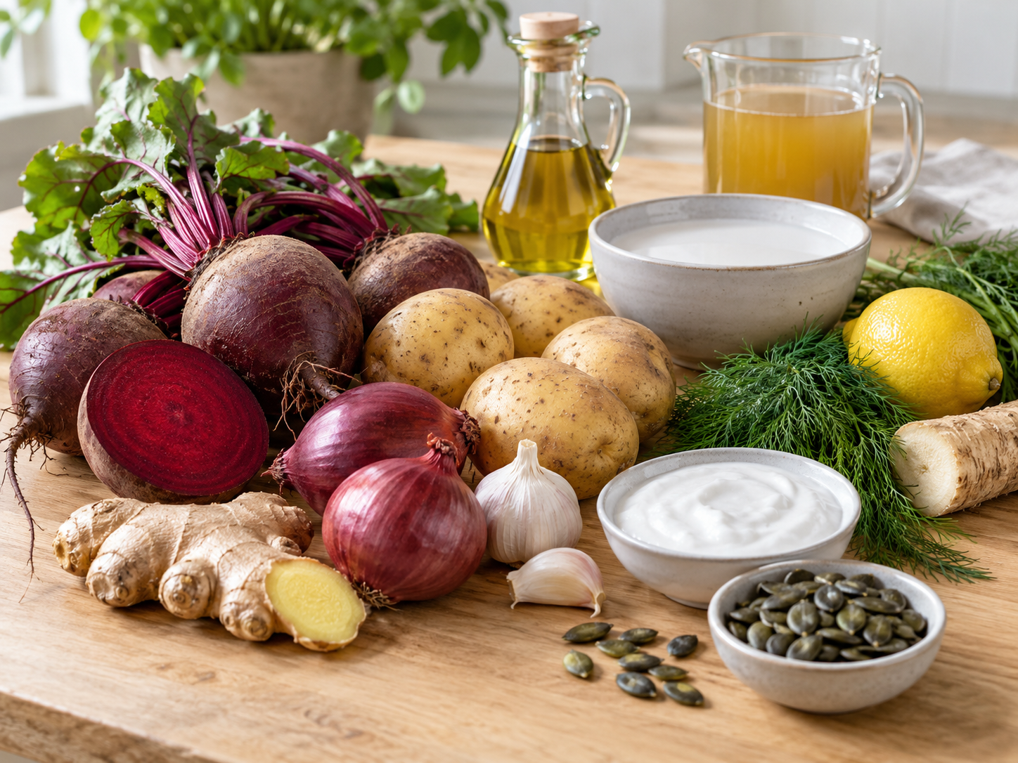 Zutaten für vegane Rote-Bete-Suppe mit Kokosmilch und Dill