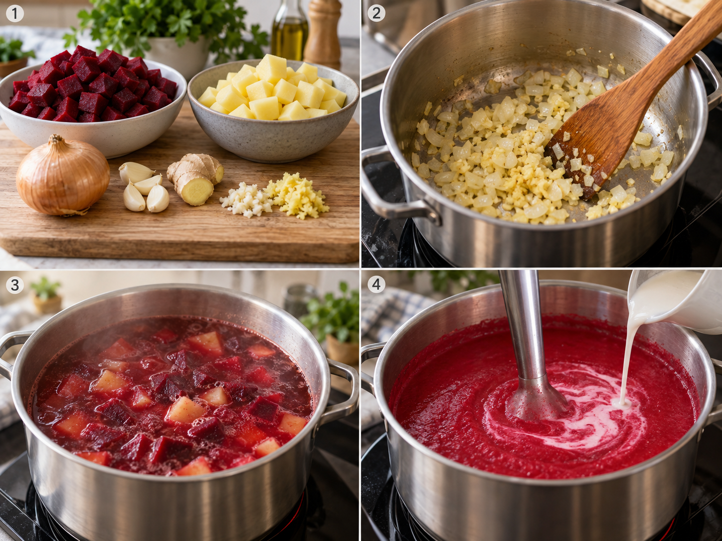 Vier Schritte der veganen Rote-Bete-Suppe vom Schneiden bis zum Pürieren