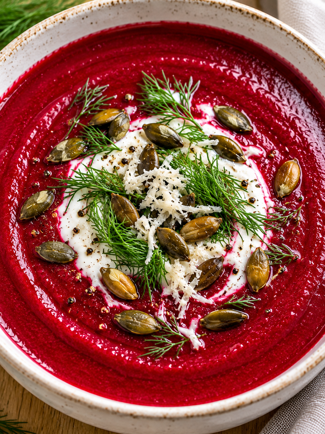 Schale vegane Rote-Bete-Suppe mit Kokosjoghurt und Dill