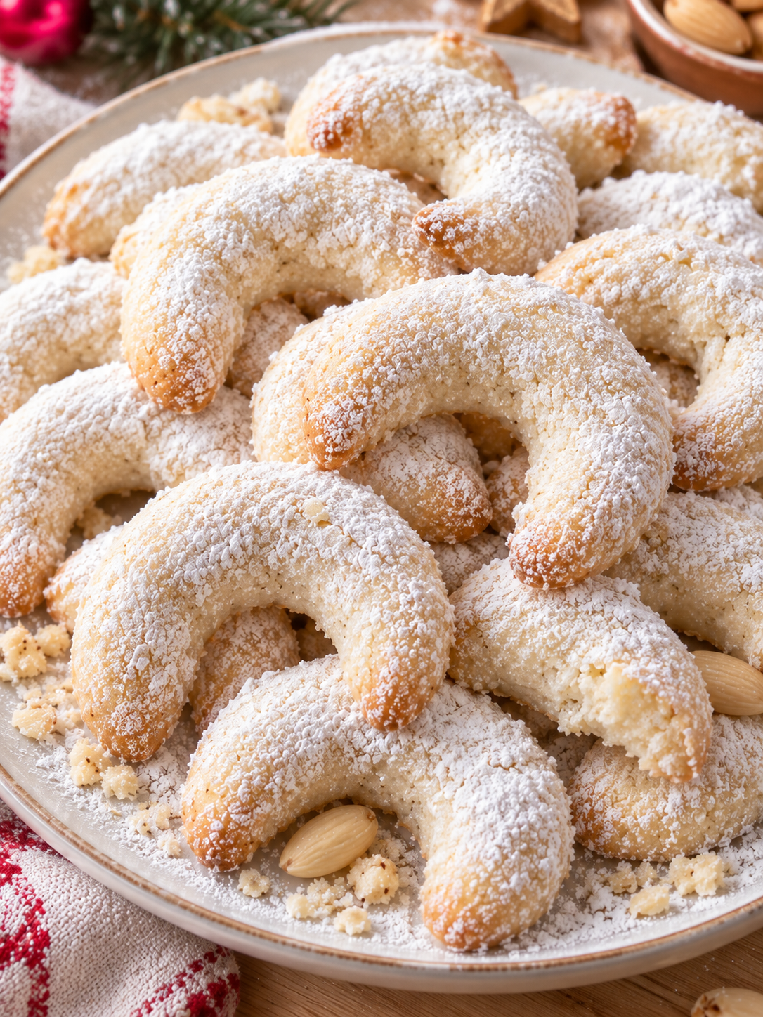 Vegane Vanillekipferl mit dicker Puderzuckerschicht auf hellem Teller