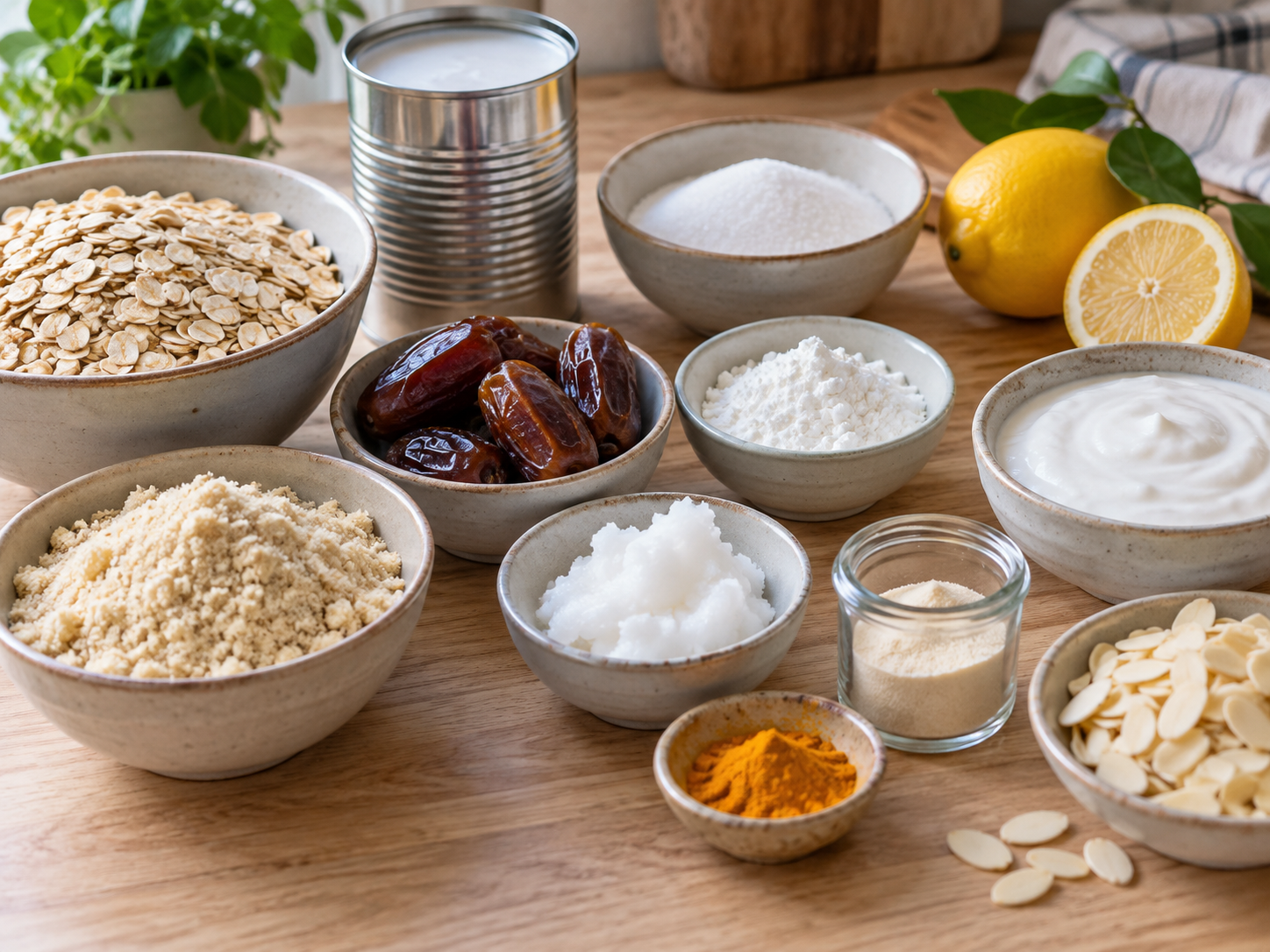 Zutaten für vegane Zitronentarte mit Zitronen, Haferflocken und Kokosmilch
