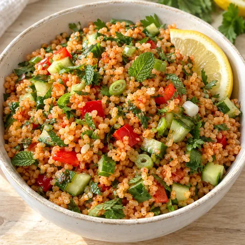 Veganer Bulgursalat mit Gurke, Paprika, Kräutern und Zitrone
