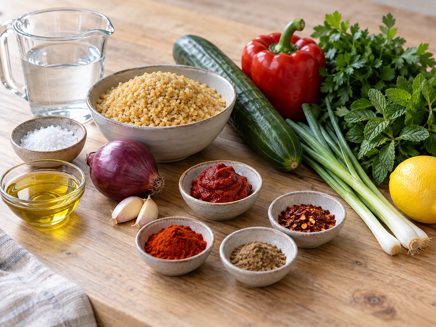 Zutaten für veganen Bulgursalat mit Bulgur, Gemüse, Kräutern und Zitrone