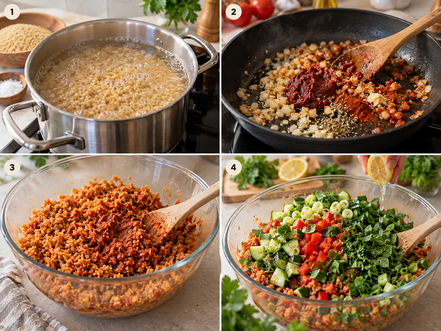 Vier Schritte für veganen Bulgursalat vom Garen bis zum Mischen
