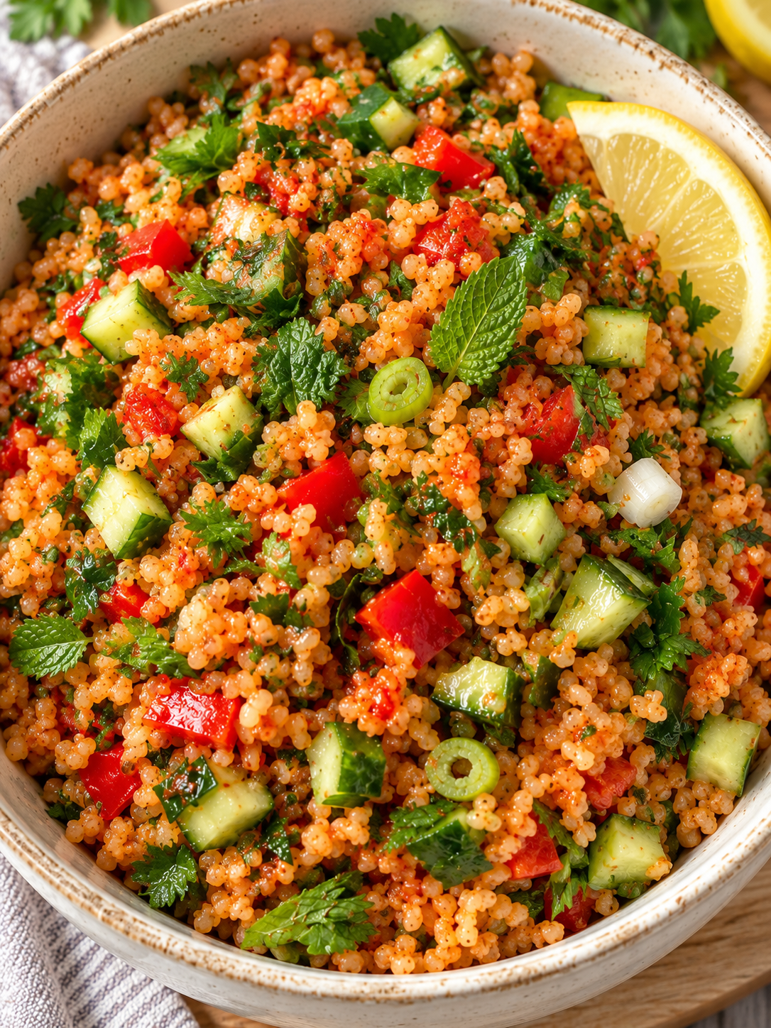 Schüssel mit veganem Bulgursalat, Kräutern, Paprika und Zitrone