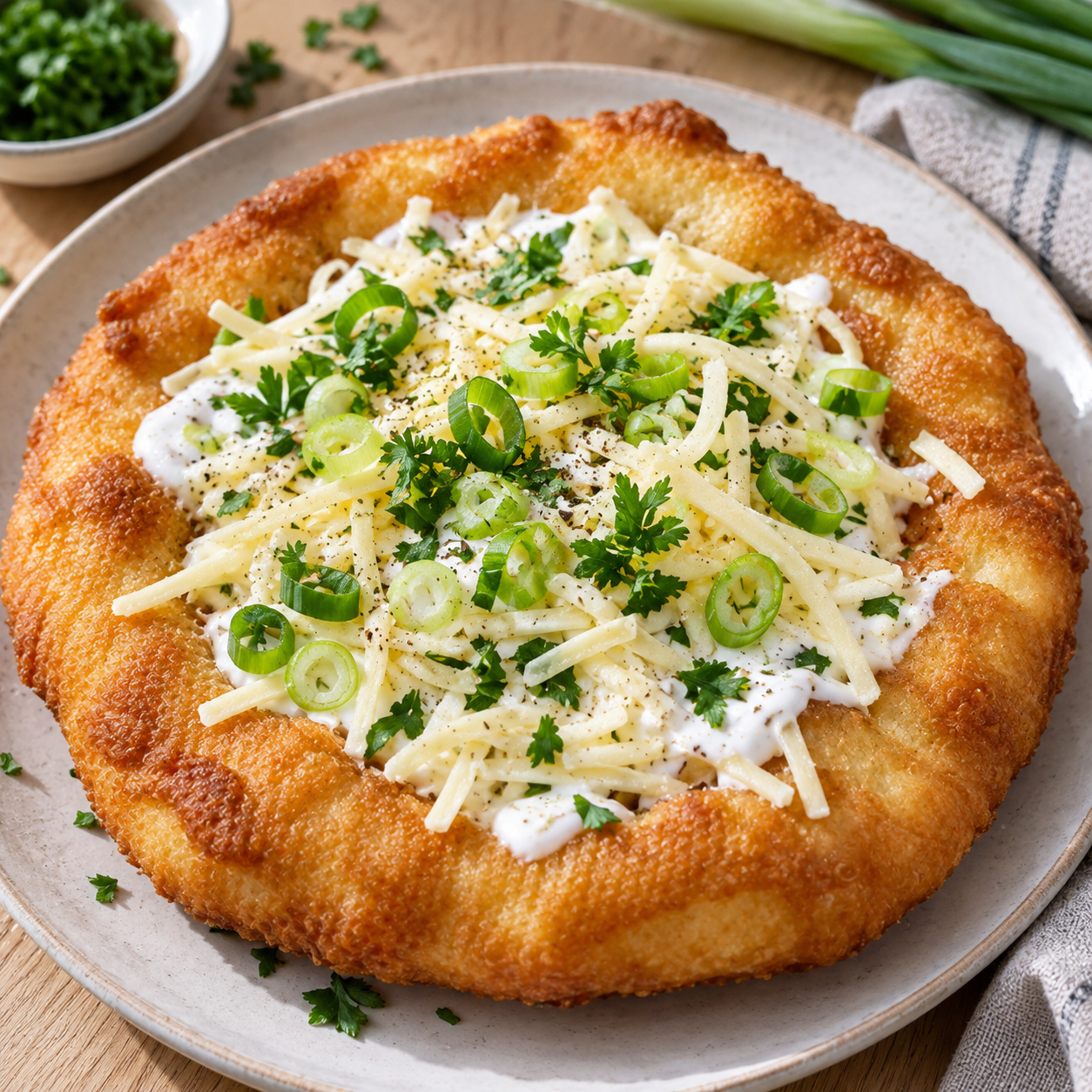 Veganer Lángos mit Knoblauchcreme, Lauchzwiebeln und veganem Käse