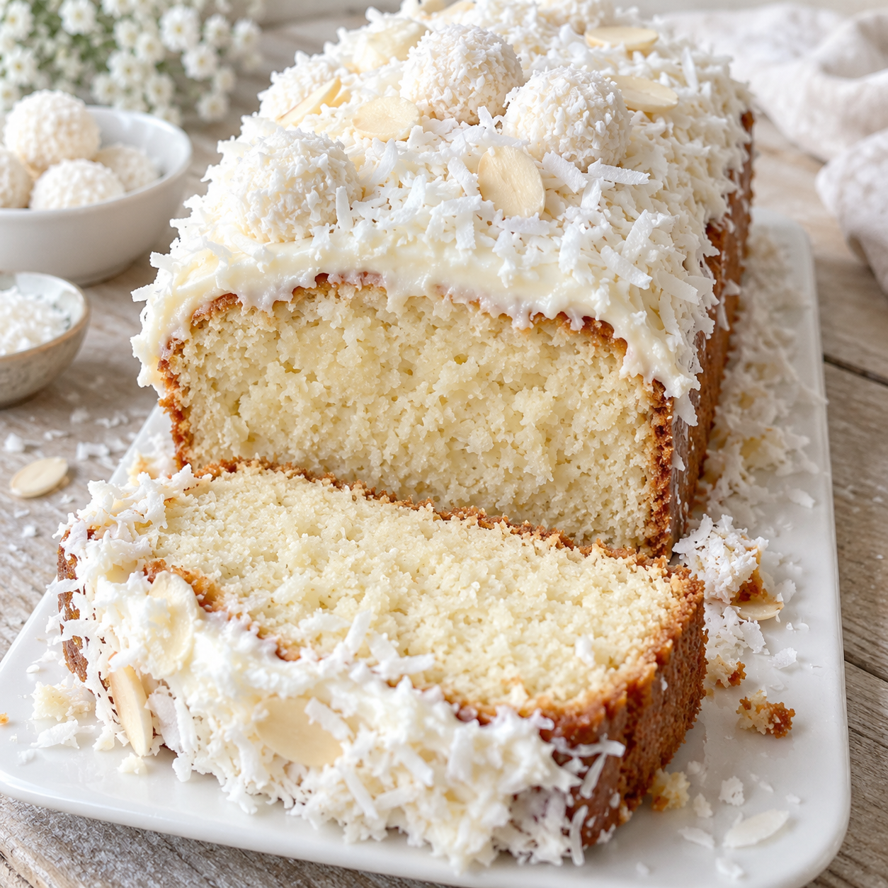 Veganer Raffaello-Kokoskuchen mit weißer Creme und Kokosraspeln