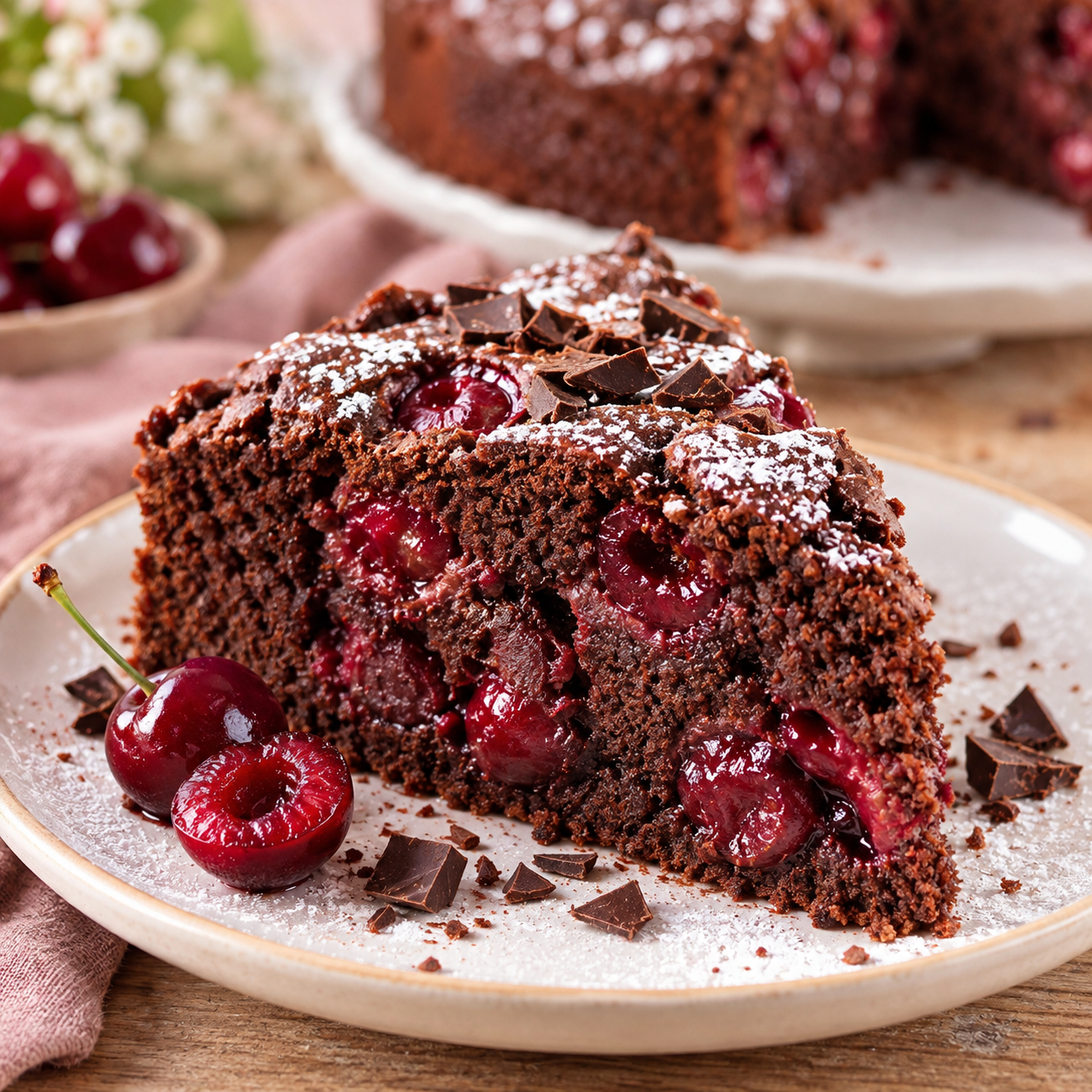 Veganer Schoko-Kirschkuchen mit Kirschen und Puderzucker auf hellem Teller