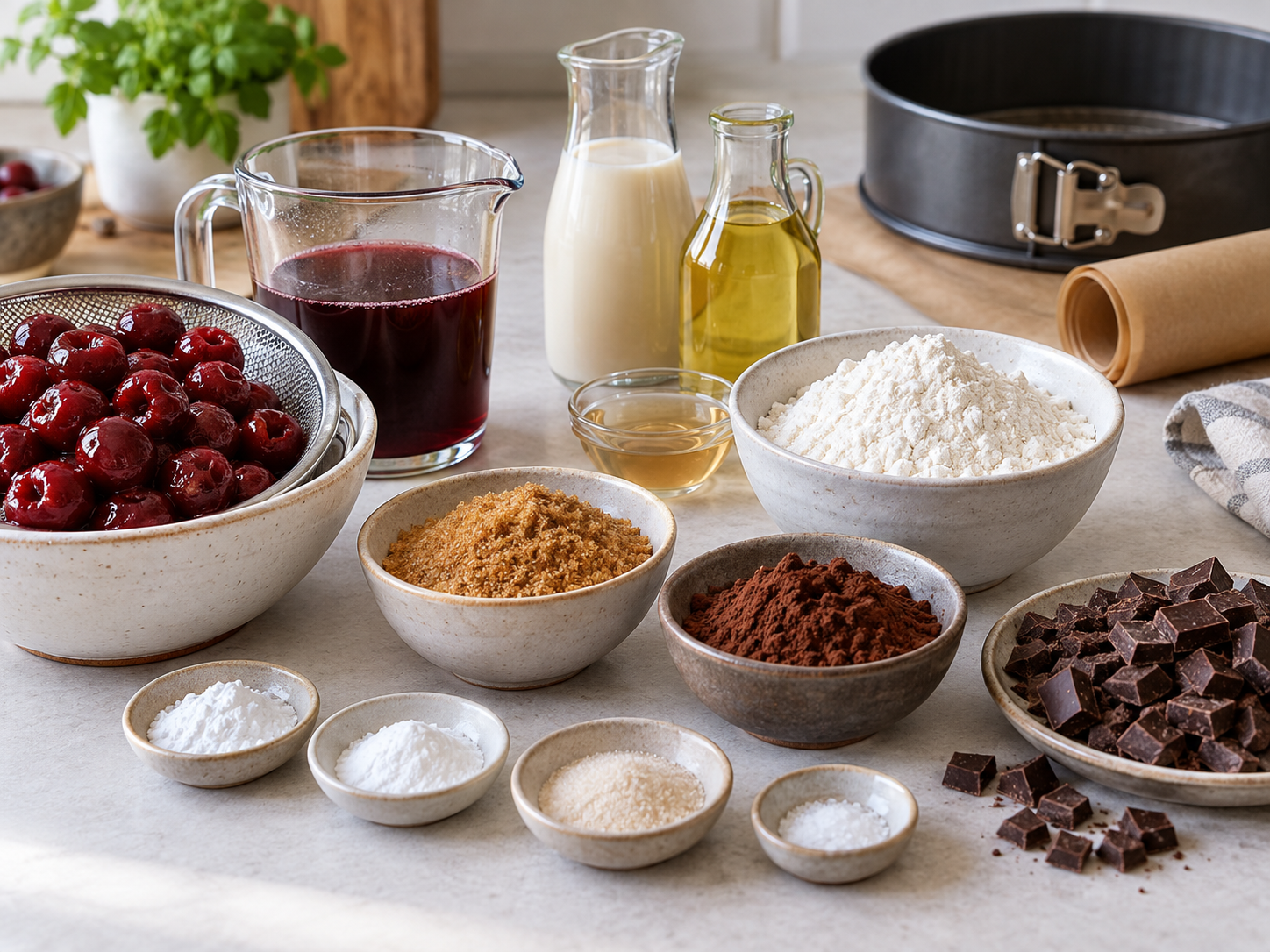 Zutaten für veganen Schoko-Kirschkuchen mit Kirschen, Kakao und Schokolade