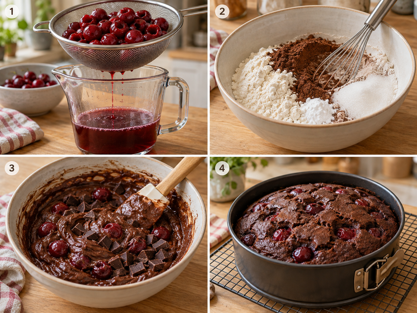 Vier Schritte für veganen Schoko-Kirschkuchen vom Abtropfen bis zum Backen