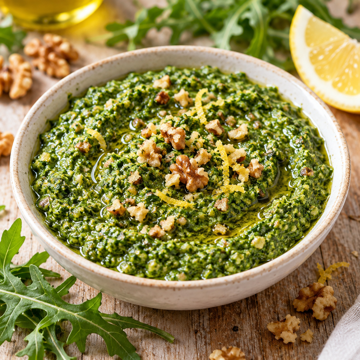 Veganes Rucola-Pesto mit Walnüssen und Zitronenschale in einer Schale